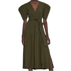 Zara Women’s Puff Short Sleeve Fit And Flare Olive Green Cotton Midi Dress Sz S